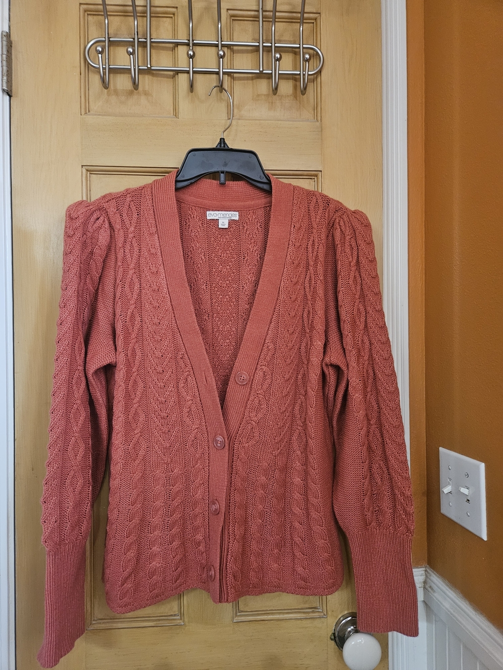 Eva Mendes Cable-Knit Button Front Sweater Cardigan - Rust